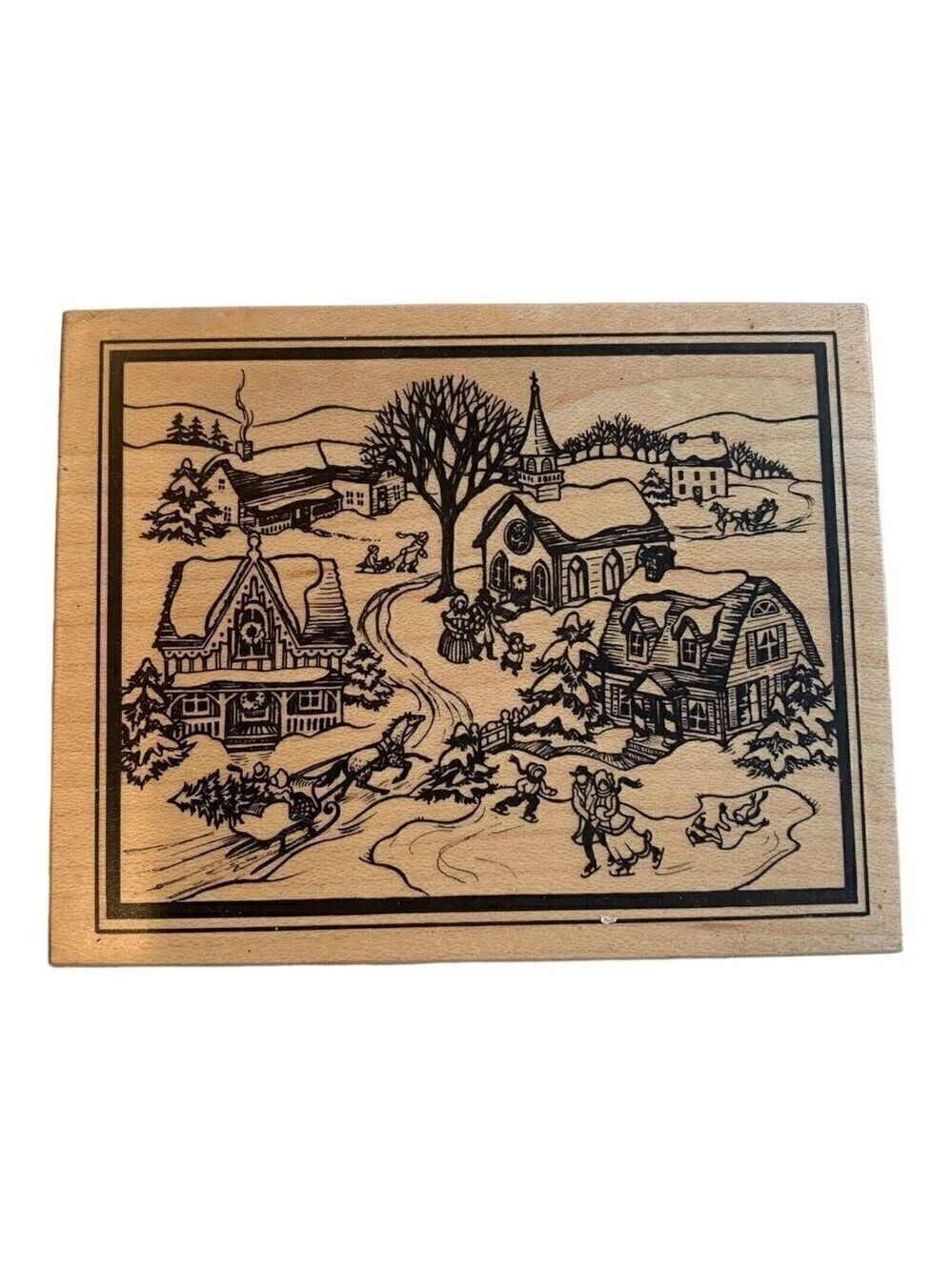PSX Designs Wood Mounted Stamp Victorian Village Ice Skating K-2063 Snow Holiday